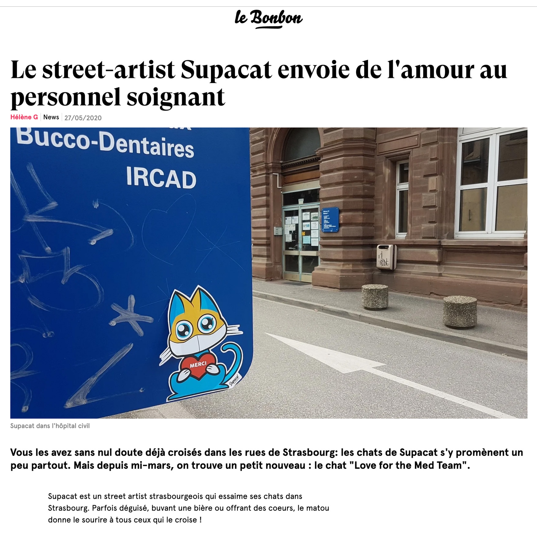 Le street-artist Supacat envoie de l'amour au personnel soignant - Supacat Street Art Strasbourg